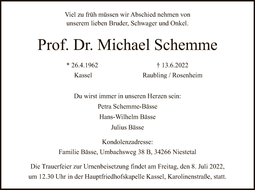 Traueranzeige für Michael Schemme vom 02.07.2022 aus HNA