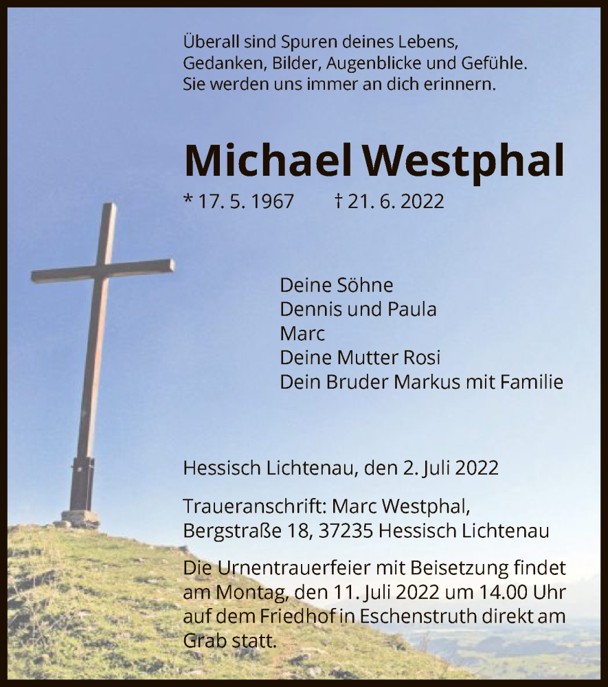  Traueranzeige für Michael Westphal vom 02.07.2022 aus HNA