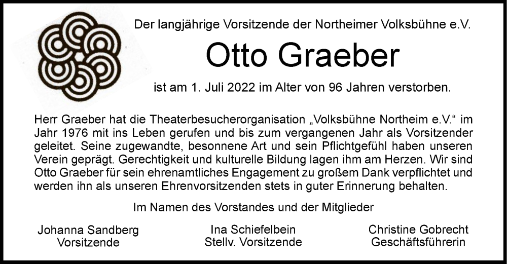  Traueranzeige für Otto Graeber vom 15.07.2022 aus HNA