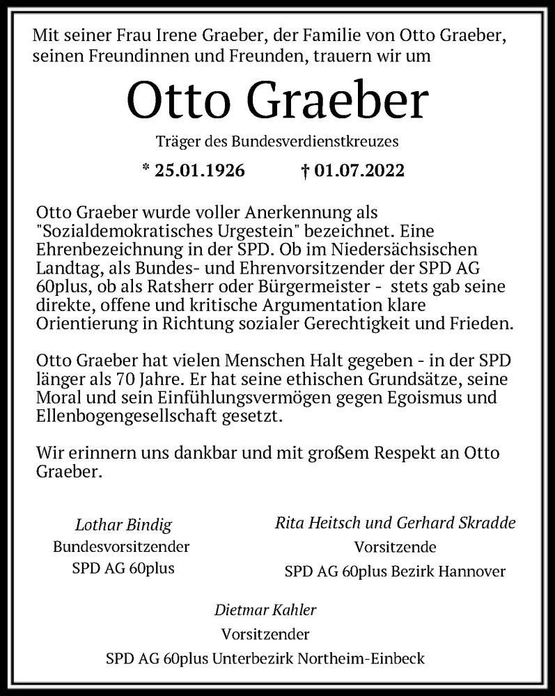  Traueranzeige für Otto Graeber vom 09.07.2022 aus HNA