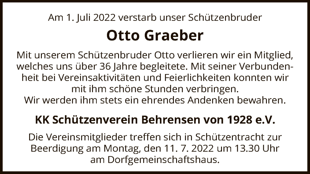  Traueranzeige für Otto Graeber vom 09.07.2022 aus HNA