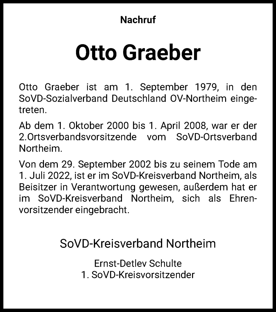  Traueranzeige für Otto Graeber vom 28.07.2022 aus HNA