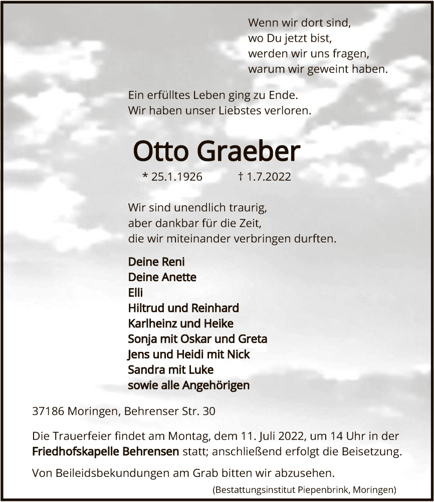  Traueranzeige für Otto Graeber vom 06.07.2022 aus HNA