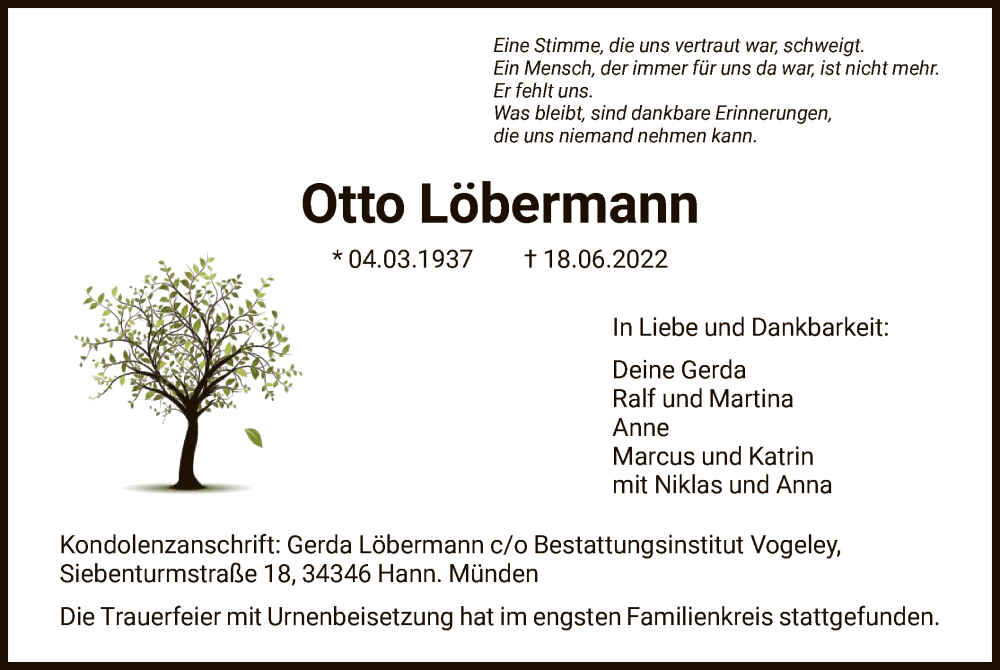  Traueranzeige für Otto Löbermann vom 09.07.2022 aus HNA