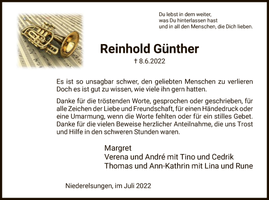 Traueranzeige von Reinhold Günther von HNA