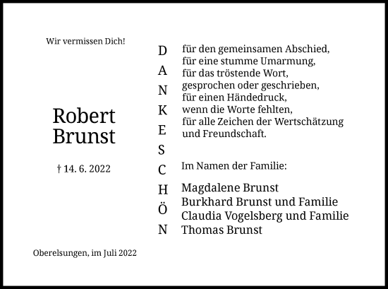 Traueranzeige von Robert Brunst von HNA