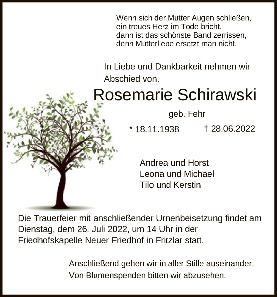  Traueranzeige für Rosemarie Schirawski vom 23.07.2022 aus HNA