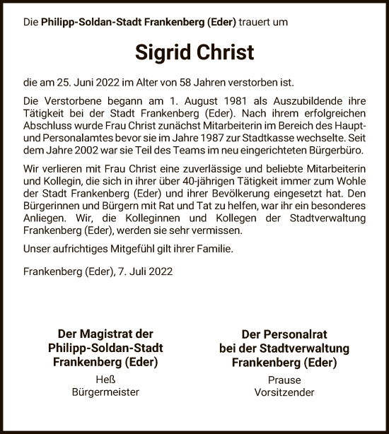 Traueranzeige von Sigrid Christ von HNA