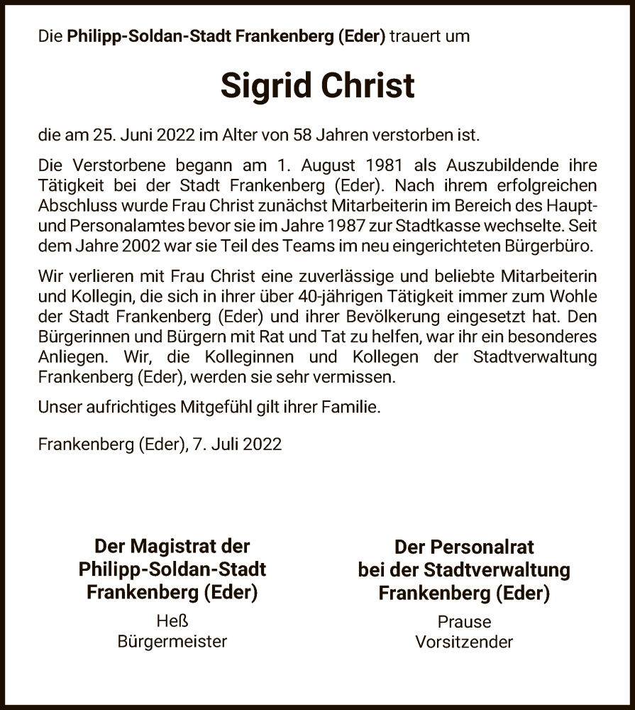  Traueranzeige für Sigrid Christ vom 07.07.2022 aus HNA