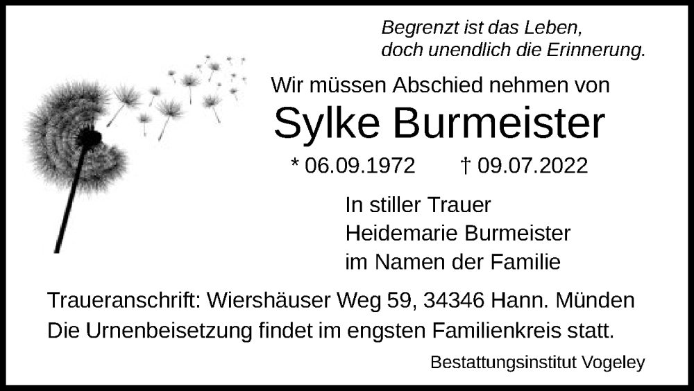  Traueranzeige für Sylke Burmeister vom 16.07.2022 aus HNA