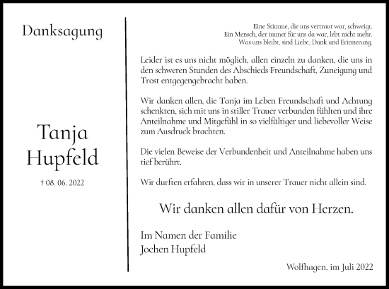 Traueranzeige von Tanja Hupfeld von HNA
