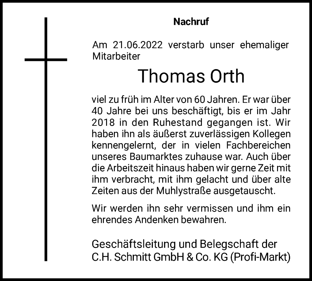  Traueranzeige für Thomas Orth vom 09.07.2022 aus HNA