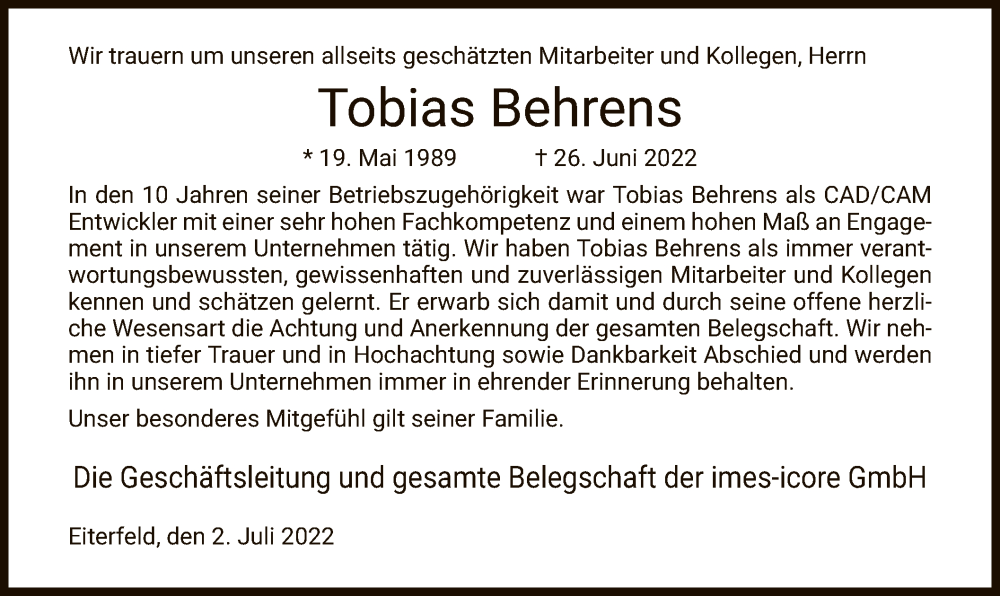  Traueranzeige für Tobias Behrens vom 02.07.2022 aus HZ