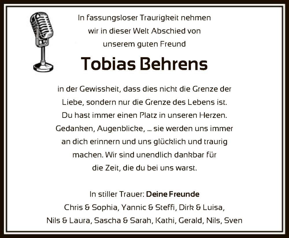  Traueranzeige für Tobias Behrens vom 02.07.2022 aus HNA