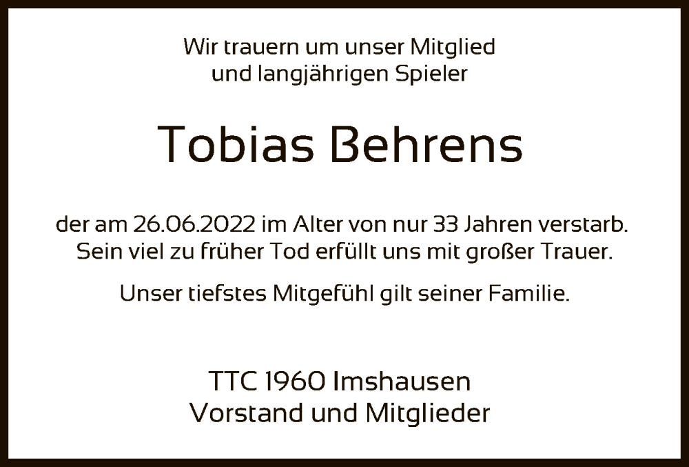  Traueranzeige für Tobias Behrens vom 01.07.2022 aus HNA