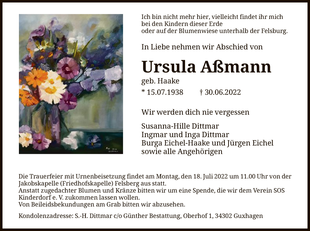  Traueranzeige für Ursula Aßmann vom 16.07.2022 aus HNA