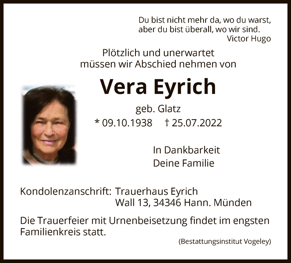  Traueranzeige für Vera Eyrich vom 30.07.2022 aus HNA