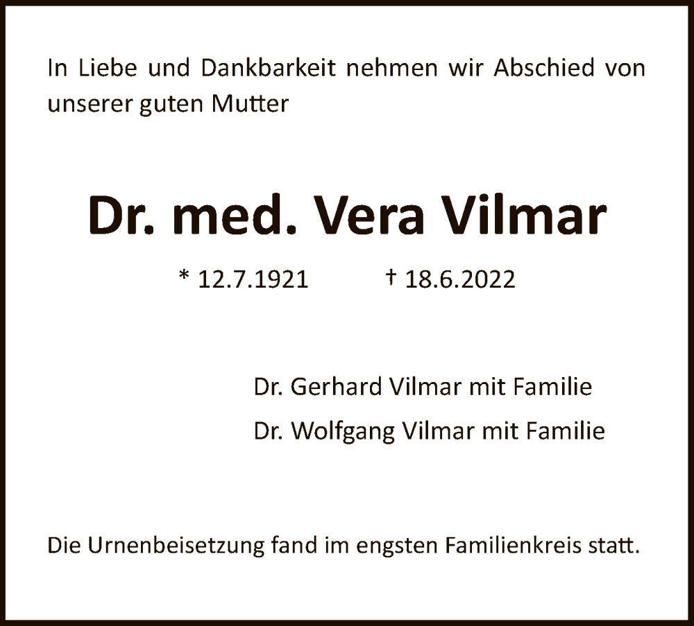  Traueranzeige für Vera Vilmar vom 13.07.2022 aus HNA