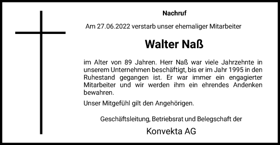 Traueranzeige von Walter Naß von HNA