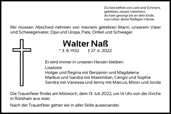 Traueranzeige von Walter Naß von HNA