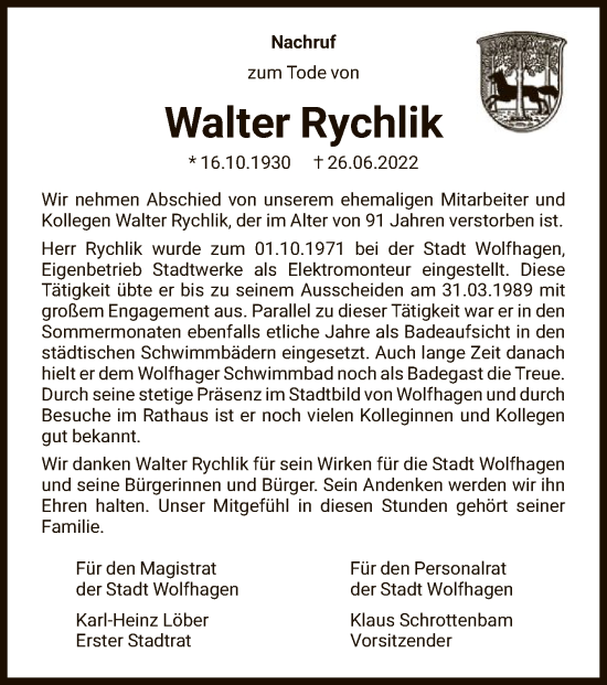 Traueranzeige von Walter Rychlik von HNA