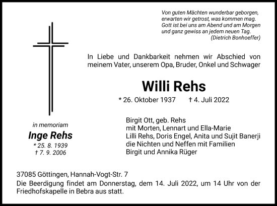 Traueranzeige von Willi Rehs von HNA