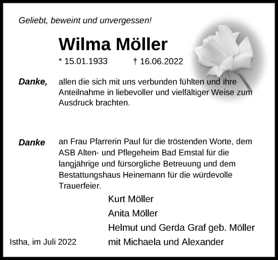 Traueranzeige von Wilma Möller von HNA