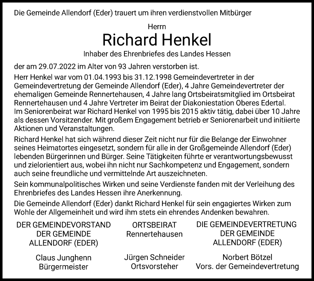 Traueranzeige für Richard Henkel vom 08.08.2022 aus HNA