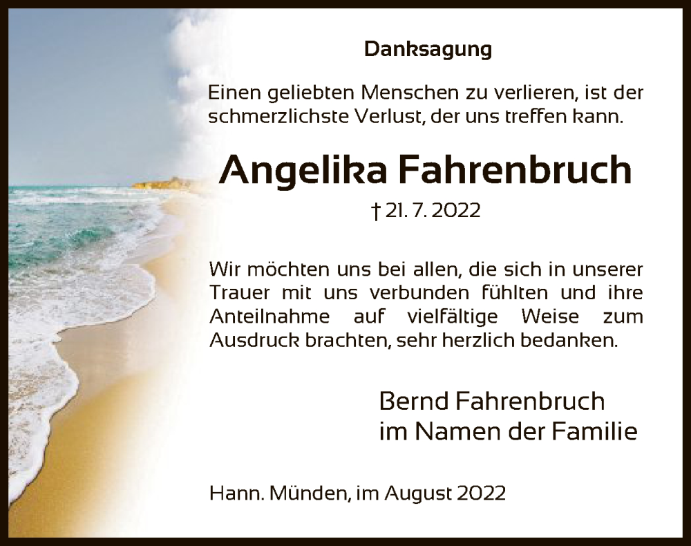  Traueranzeige für Angelika Fahrenbruch vom 27.08.2022 aus HNA