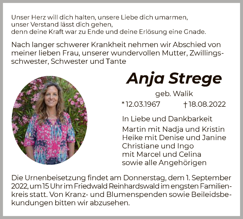  Traueranzeige für Anja Strege vom 27.08.2022 aus HNA