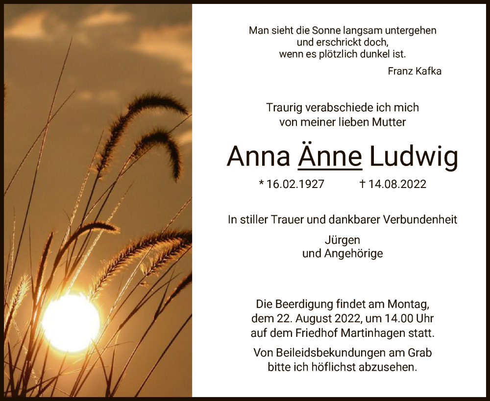  Traueranzeige für Anna Änne Ludwig vom 20.08.2022 aus HNA