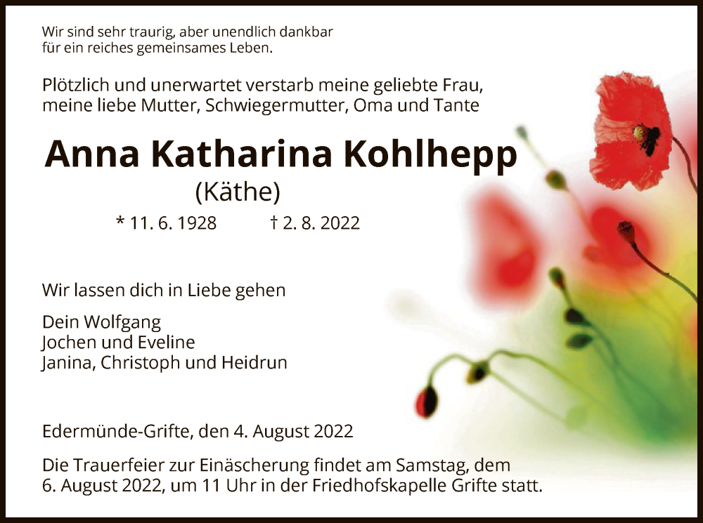  Traueranzeige für Anna Katharina Kohlhepp vom 04.08.2022 aus HNA