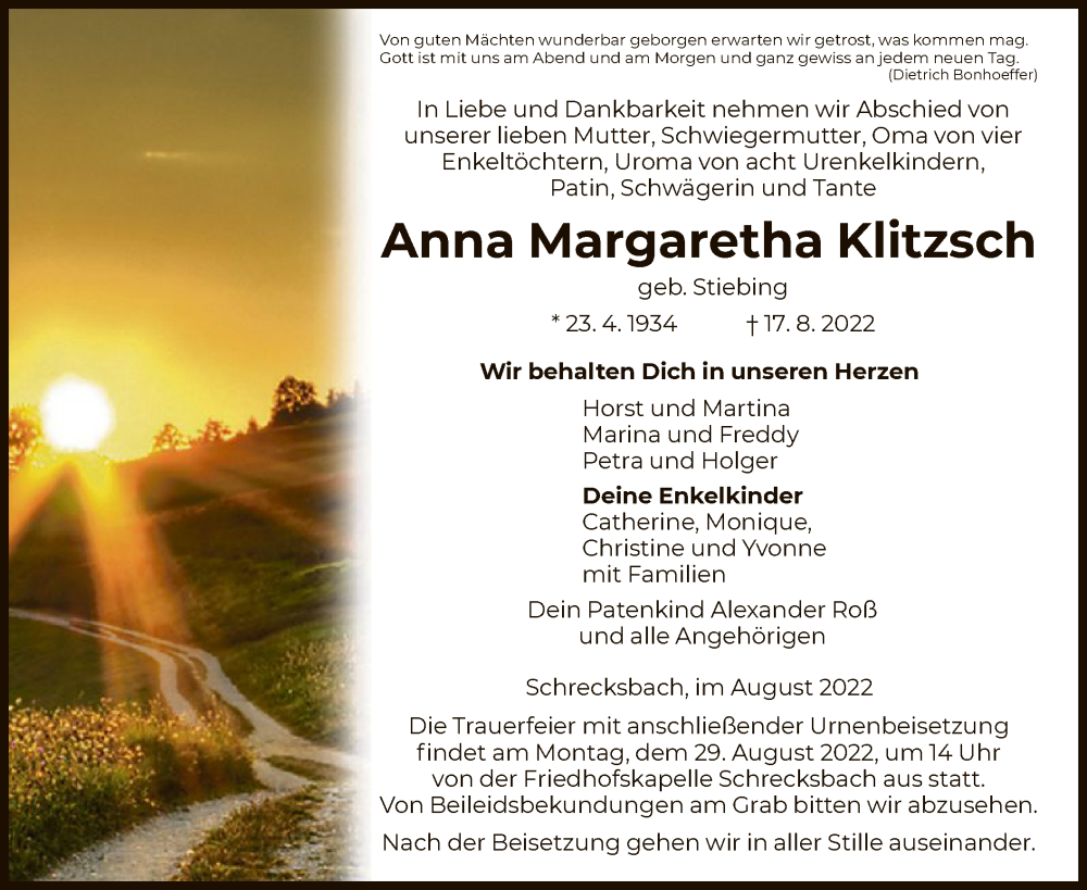  Traueranzeige für Anna Margaretha Klitzsch vom 24.08.2022 aus HNA