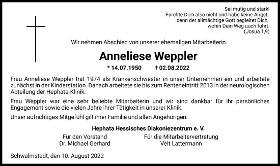 Traueranzeige von Anneliese Weppler von HNA