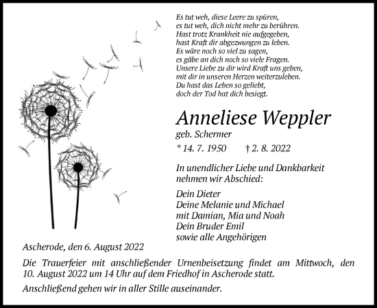 Traueranzeige von Anneliese Weppler von HNA