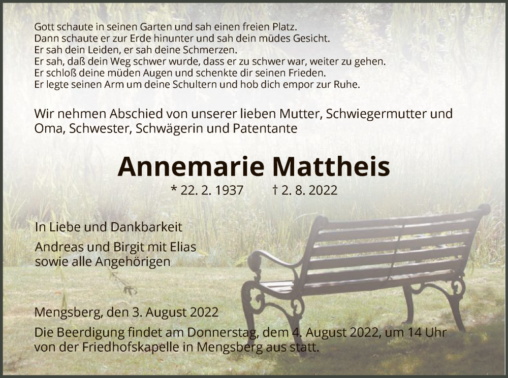  Traueranzeige für Annemarie Mattheis vom 03.08.2022 aus HNA