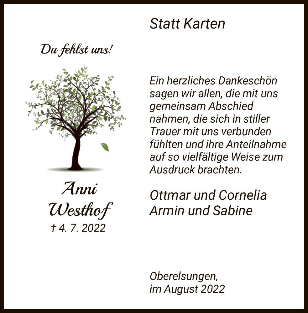  Traueranzeige für Anni Westhof vom 05.08.2022 aus HNA