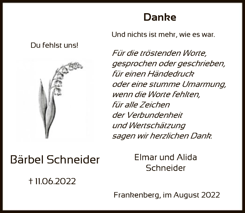  Traueranzeige für Bärbel Schneider vom 06.08.2022 aus HNA