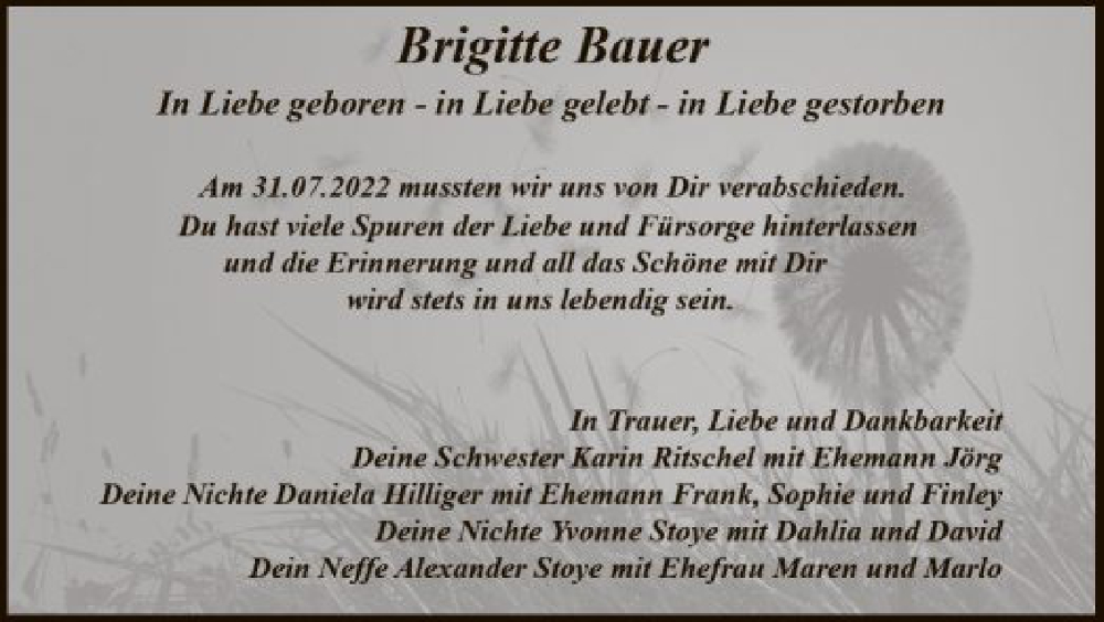  Traueranzeige für Brigitte Bauer vom 06.08.2022 aus HNA