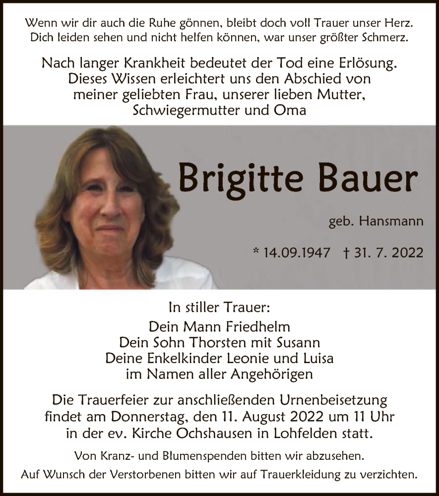  Traueranzeige für Brigitte Bauer vom 06.08.2022 aus HNA