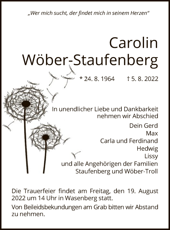 Traueranzeige von Carolin Wöber-Staufenberg von HNA