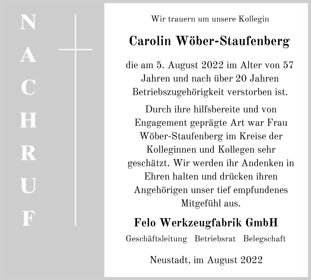  Traueranzeige für Carolin Wöber-Staufenberg vom 15.08.2022 aus HNA