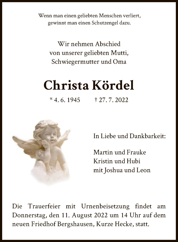  Traueranzeige für Christa Kördel vom 06.08.2022 aus HNA