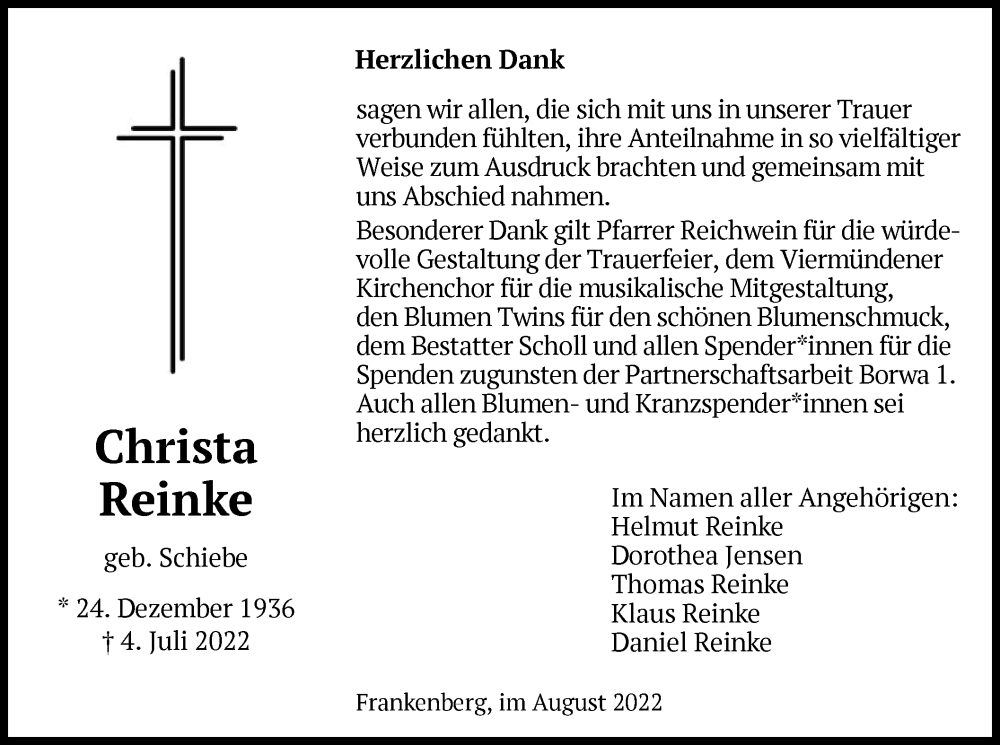  Traueranzeige für Christa Reinke vom 06.08.2022 aus HNA