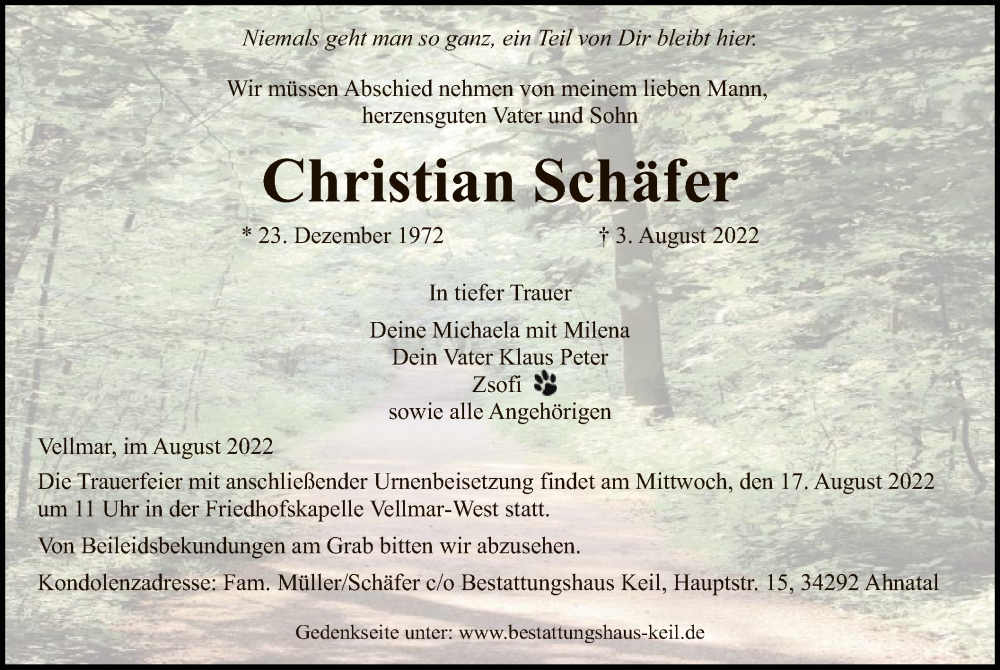  Traueranzeige für Christian Schäfer vom 12.08.2022 aus HNA