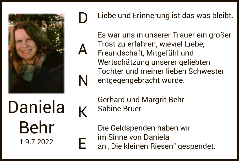  Traueranzeige für Daniela Behr vom 13.08.2022 aus HNA