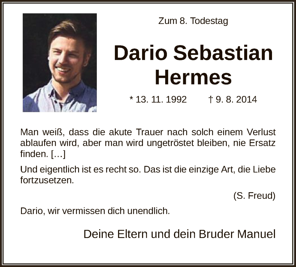 Traueranzeige für Dario Sebastian Hermes vom 06.08.2022 aus HNA