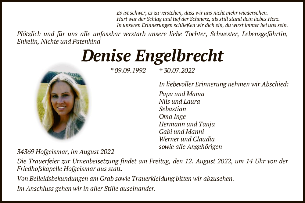  Traueranzeige für Denise Engelbrecht vom 10.08.2022 aus HNA