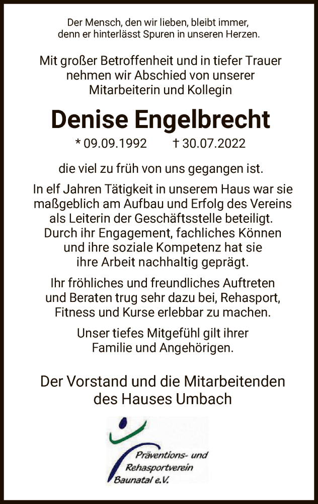  Traueranzeige für Denise Engelbrecht vom 13.08.2022 aus HNA
