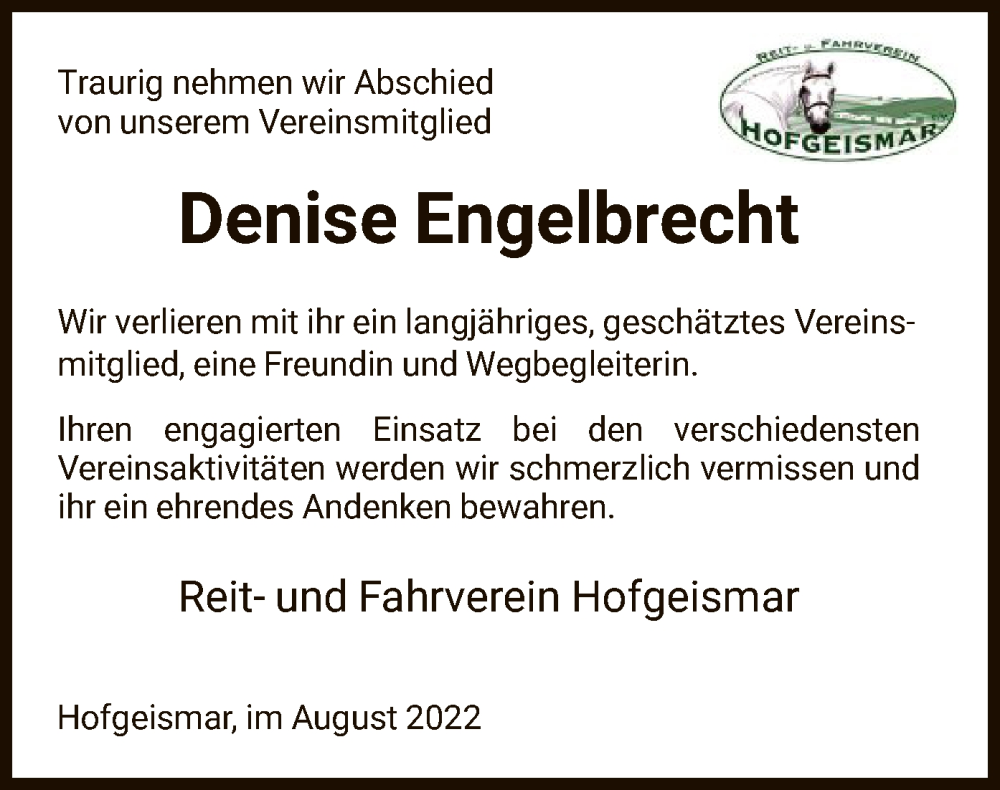  Traueranzeige für Denise Engelbrecht vom 13.08.2022 aus HNA
